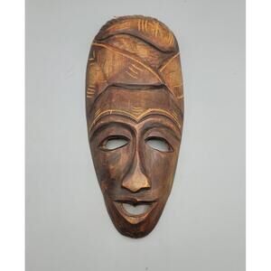 Vintage African Wood Mask Hand Carved Face Wall Hanging